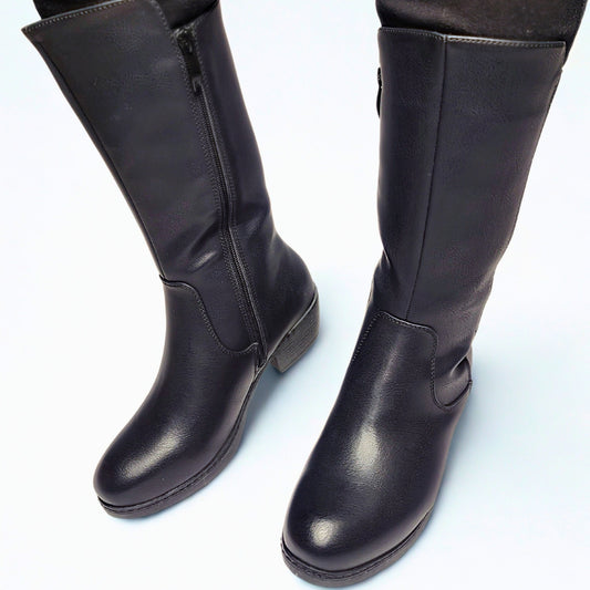 Savoy knee-high black faux leather boot with block heel and side zip closure. 1