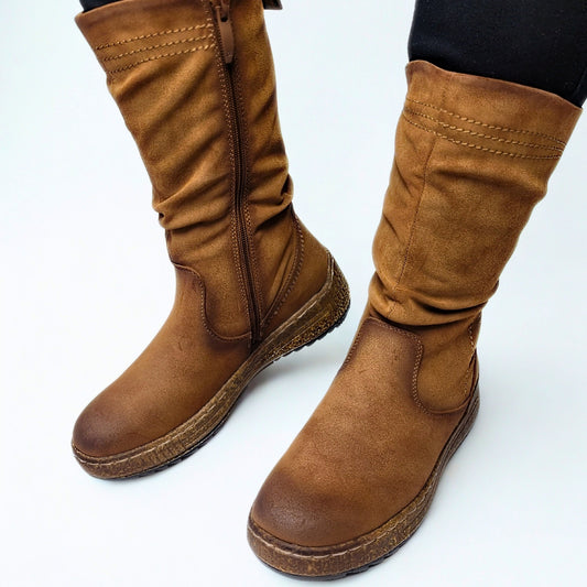 Savoy mid-calf camel boot in ruched faux suede with side zip and cushioned sole. 1