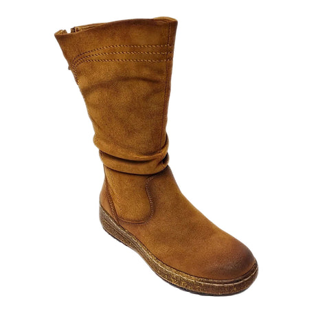 Savoy mid-calf camel boot in ruched faux suede with side zip and cushioned sole. 2
