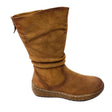 Savoy mid-calf camel boot in ruched faux suede with side zip and cushioned sole. 3