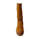Savoy mid-calf camel boot in ruched faux suede with side zip and cushioned sole. 4