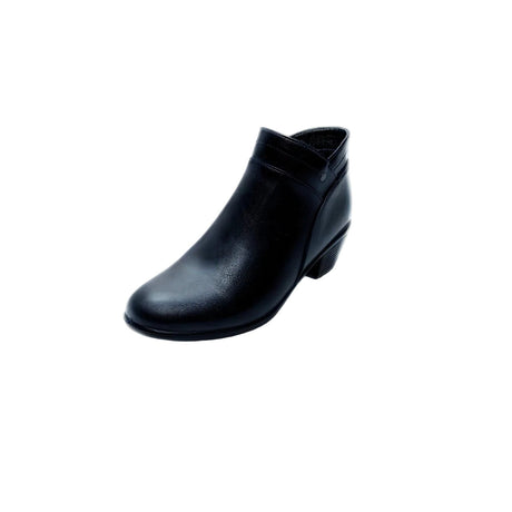 Black ankle boot with low block heel, tapered toe, side zip, and silver stud detail — perfect for smart-casual wear.
