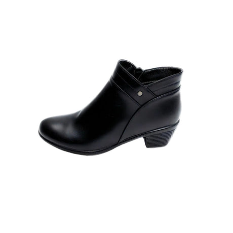 Black ankle boot with low block heel, tapered toe, side zip, and silver stud detail — perfect for smart-casual wear.
