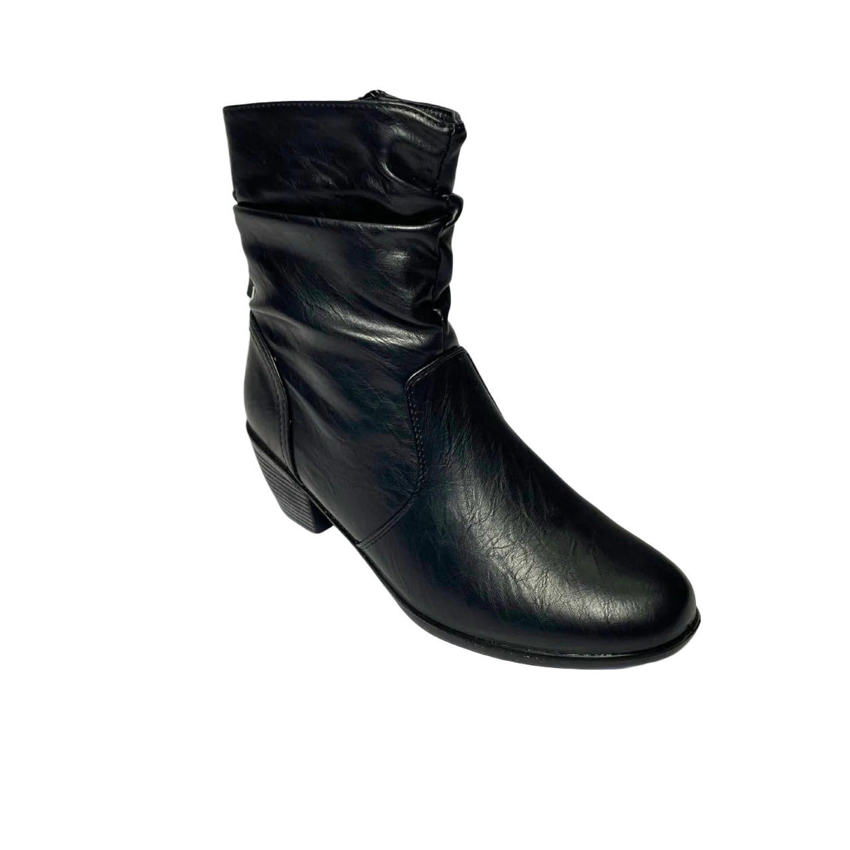 Black mid-calf boot with ruched faux leather, side tassel zip, and low block heel for stylish everyday wear.
