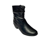 Black mid-calf boot with ruched faux leather, side tassel zip, and low block heel for stylish everyday wear.
