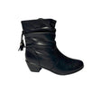 Black mid-calf boot with ruched faux leather, side tassel zip, and low block heel for stylish everyday wear.
 