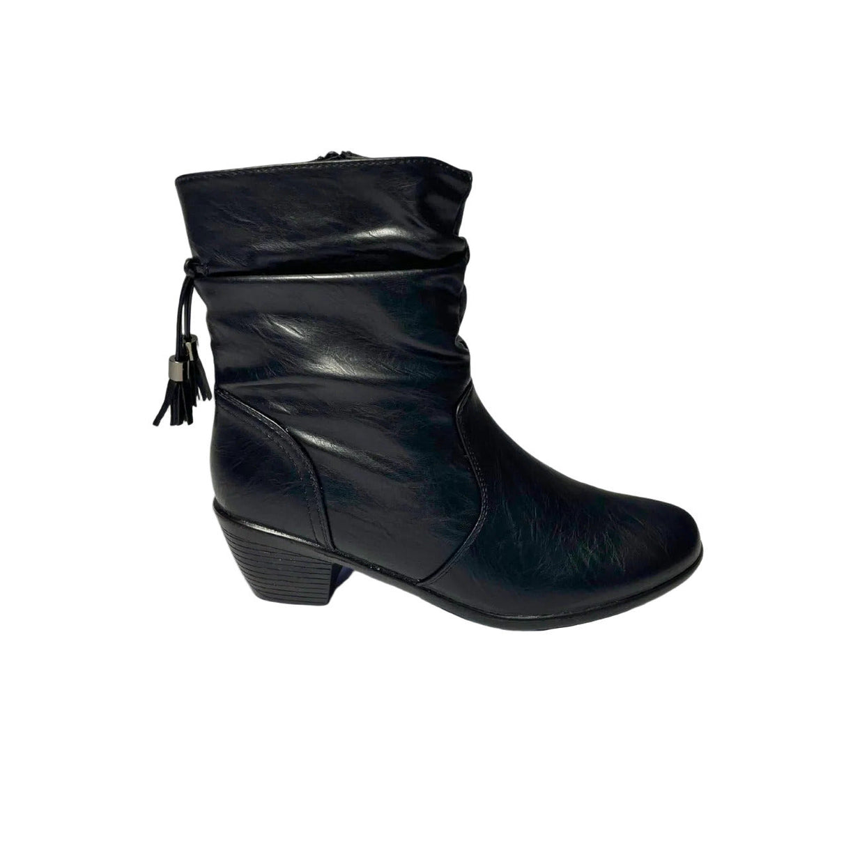 Black mid-calf boot with ruched faux leather, side tassel zip, and low block heel for stylish everyday wear.
 
