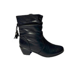 Black mid-calf boot with ruched faux leather, side tassel zip, and low block heel for stylish everyday wear.
 