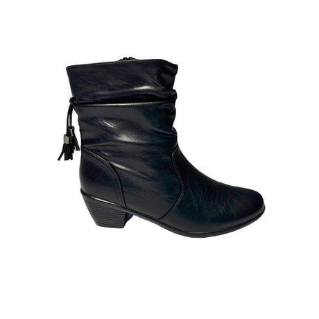 Black mid-calf boot with ruched faux leather, side tassel zip, and low block heel for stylish everyday wear.
 
