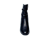 Black mid-calf boot with ruched faux leather, side tassel zip, and low block heel for stylish everyday wear.

