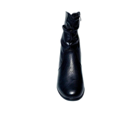 Black mid-calf boot with ruched faux leather, side tassel zip, and low block heel for stylish everyday wear.
