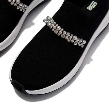 Fitflop Black F-mode Pearl & Crystal Knit Trainer – front view