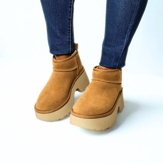 UGG Classic Ultra Mini New Heights Boot in Chestnut – suede upper with pull tab, 2.75-inch platform, soft UGGplush™ lining, Sugarcane EVA outsole, perfect for casual style 1