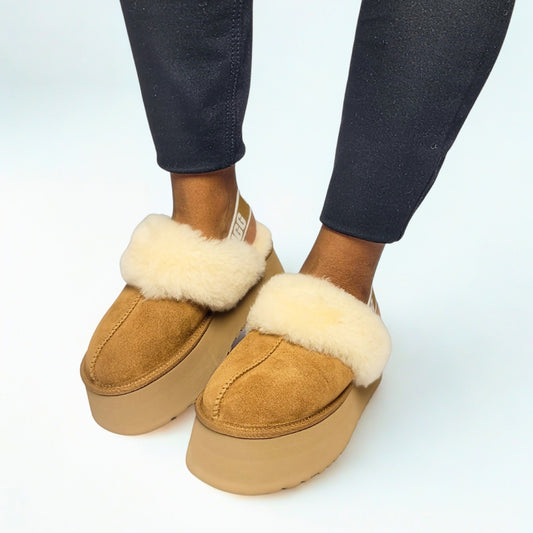 UGG Funkette chestnut suede slippers with 2-inch platform heel, sheepskin lining, and sugarcane SugarSole or Treadlite outsole 1