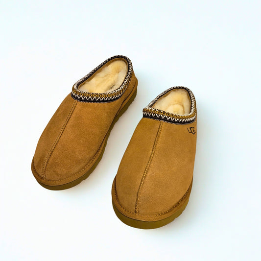 UGG men's Tasman chestnut suede slipper with braid trim and plush wool lining
1