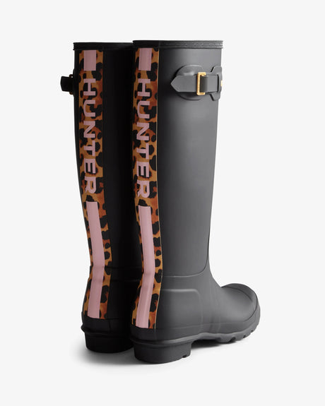 Hunter Original Tall Leopard Backstrap Boot - Black – front view