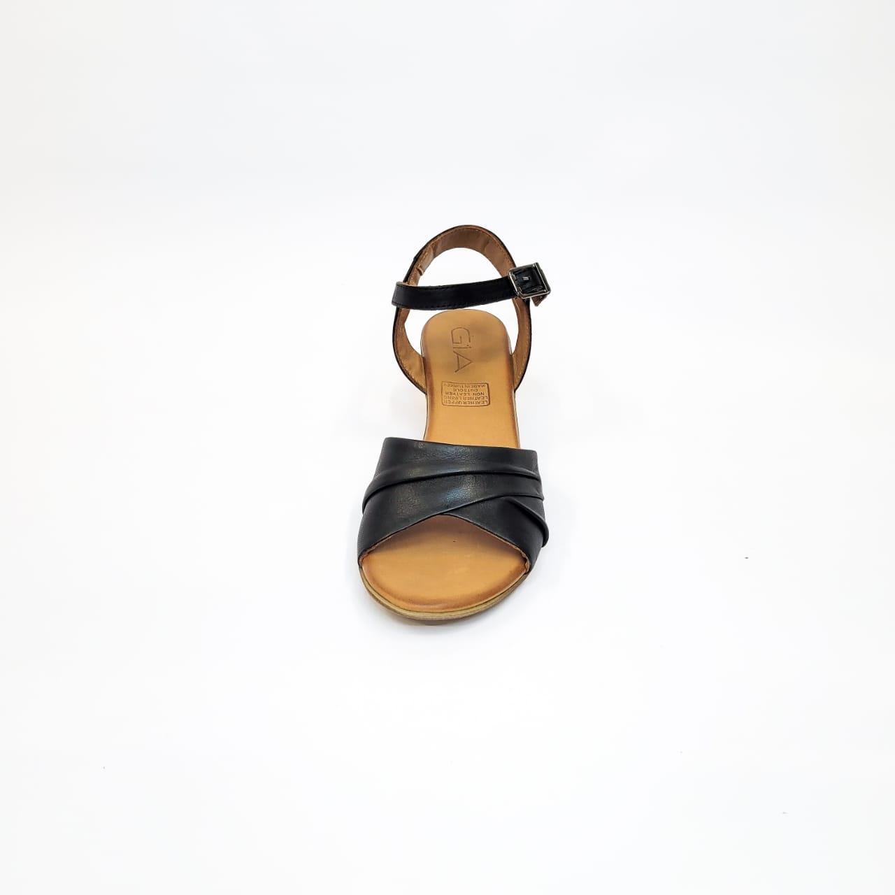 Gia black leather wedge sandal with ankle strap