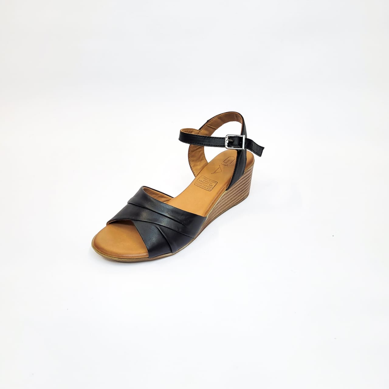 Gia black leather wedge sandal with ankle strap