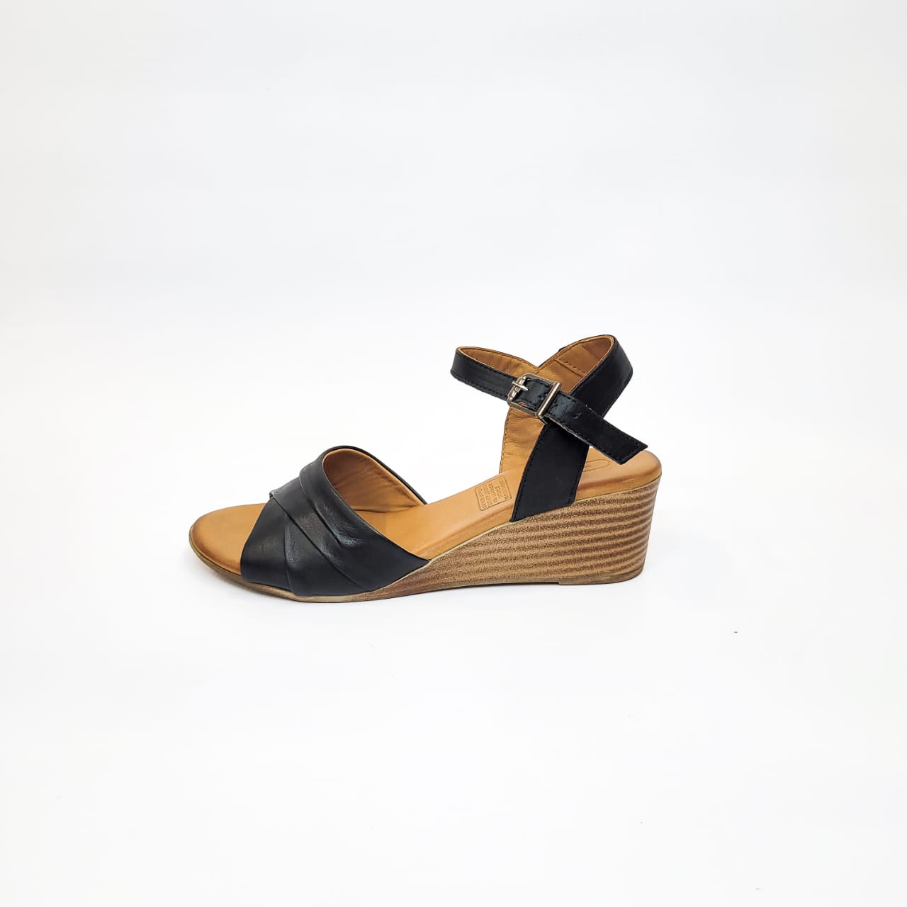 Gia black leather wedge sandal with ankle strap