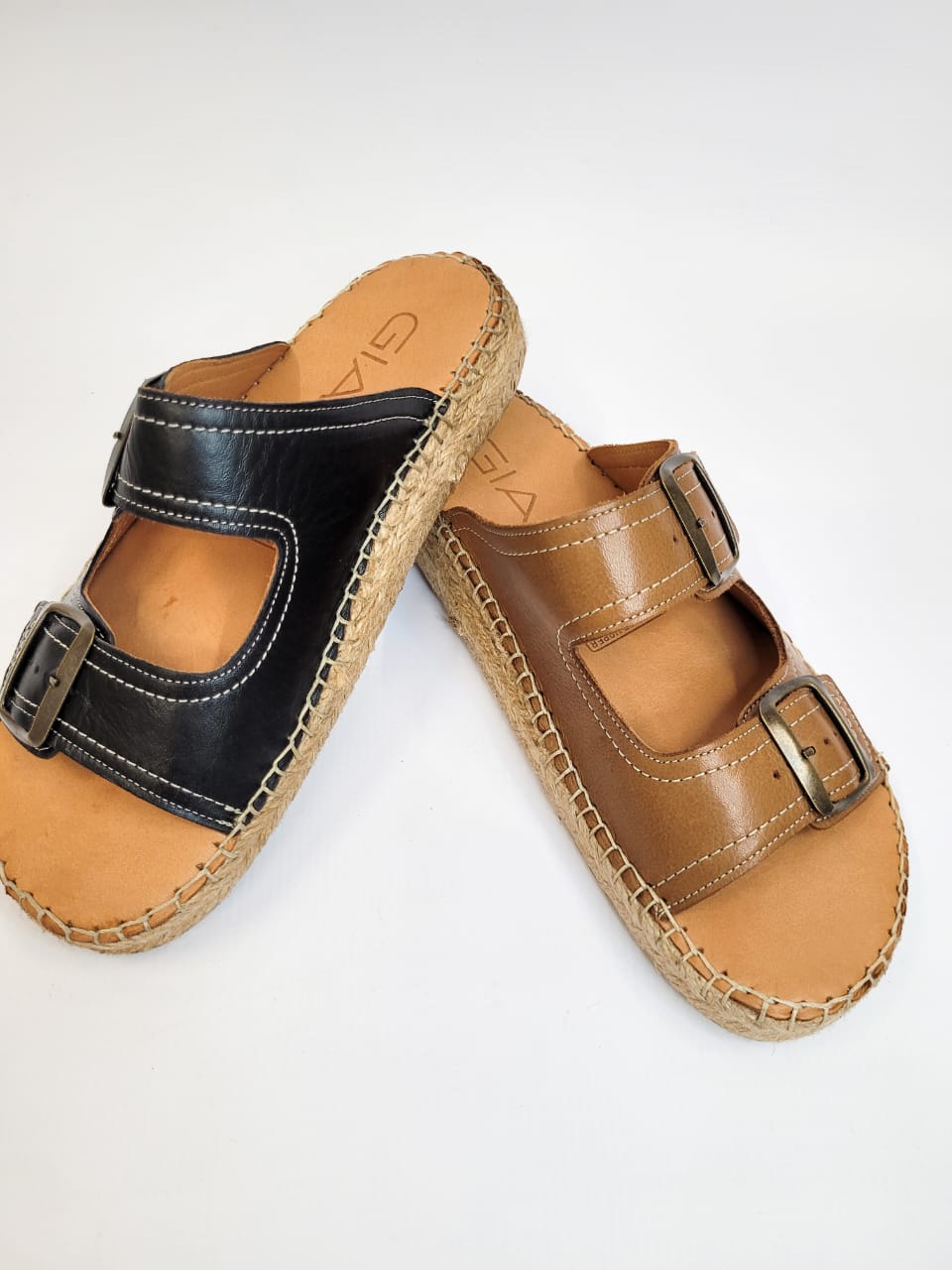 Gia tan leather double buckle espadrille sandal