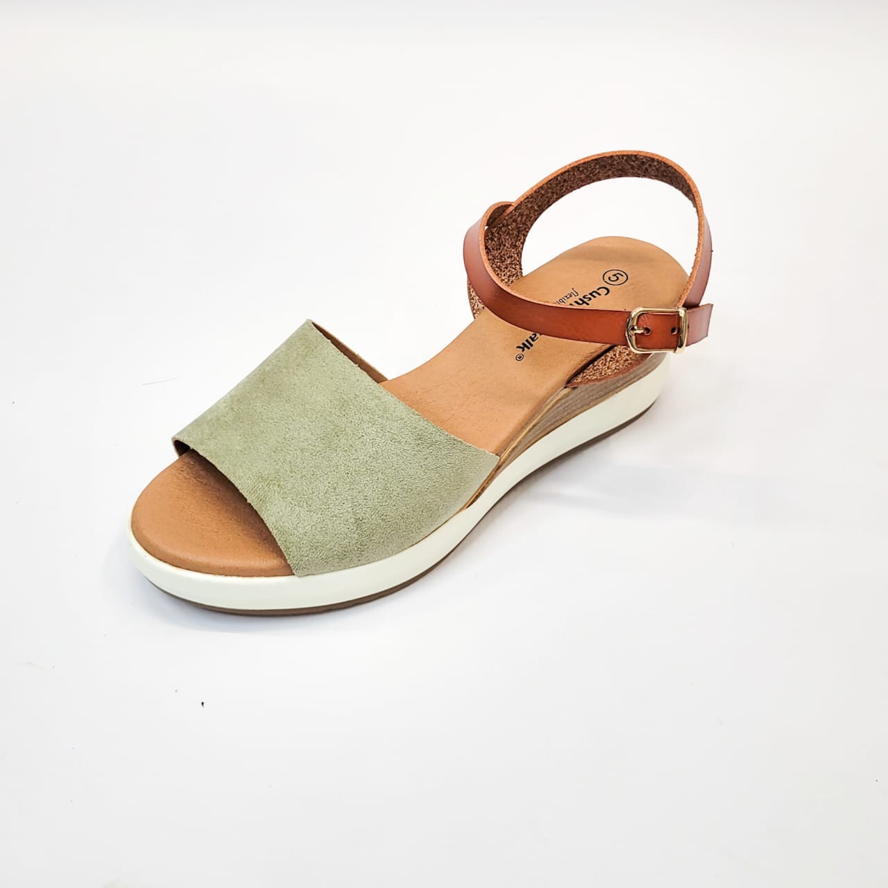 Cushion-walk sage/tan ankle strap wedge