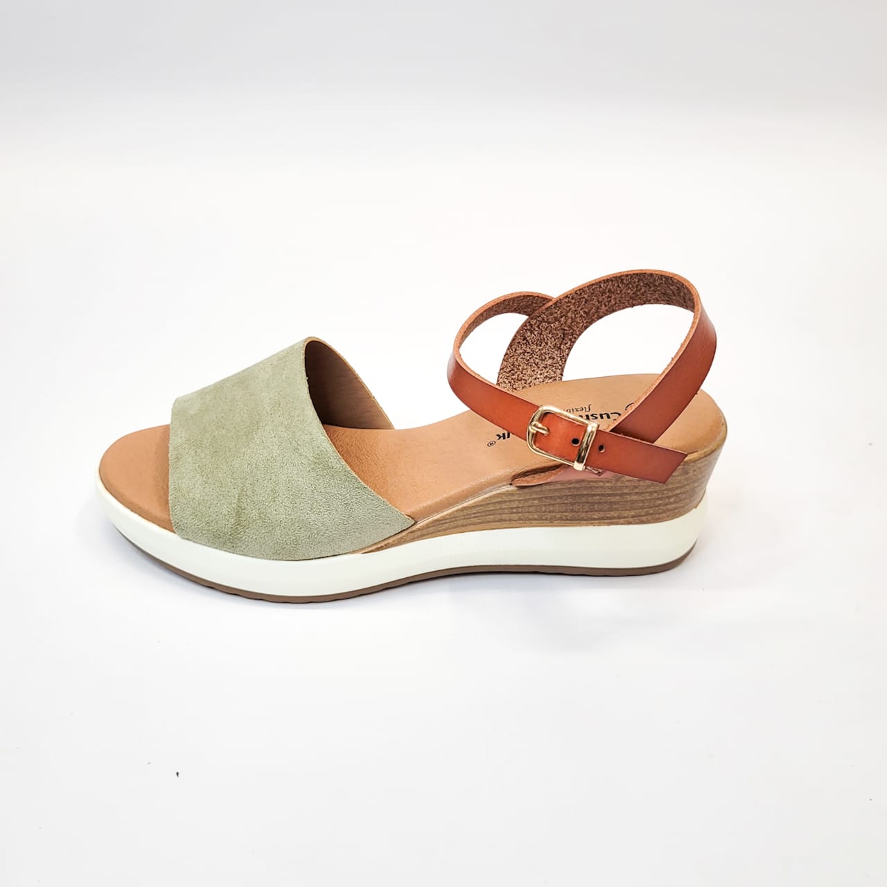 Cushion-walk sage/tan ankle strap wedge