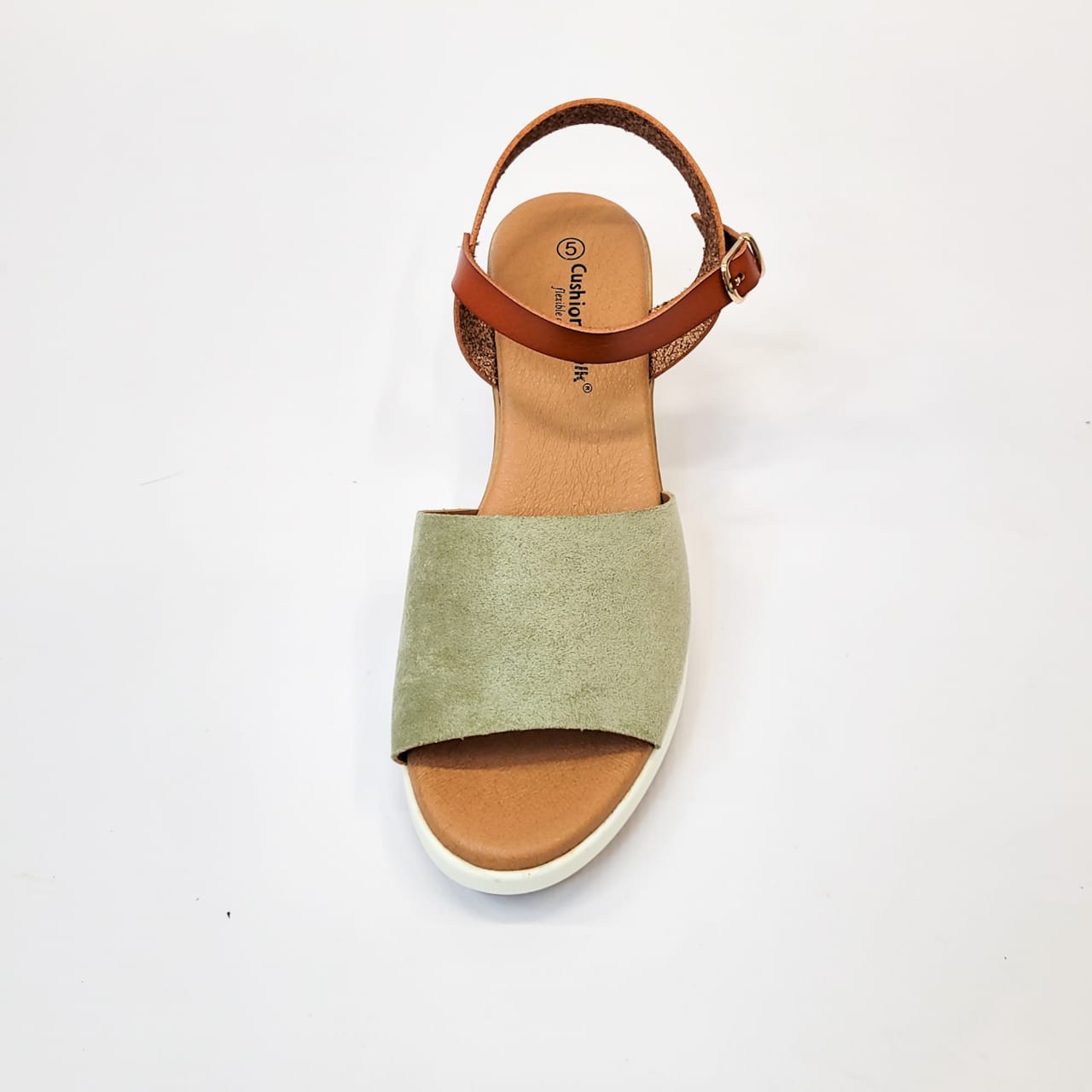 Cushion-walk sage/tan ankle strap wedge