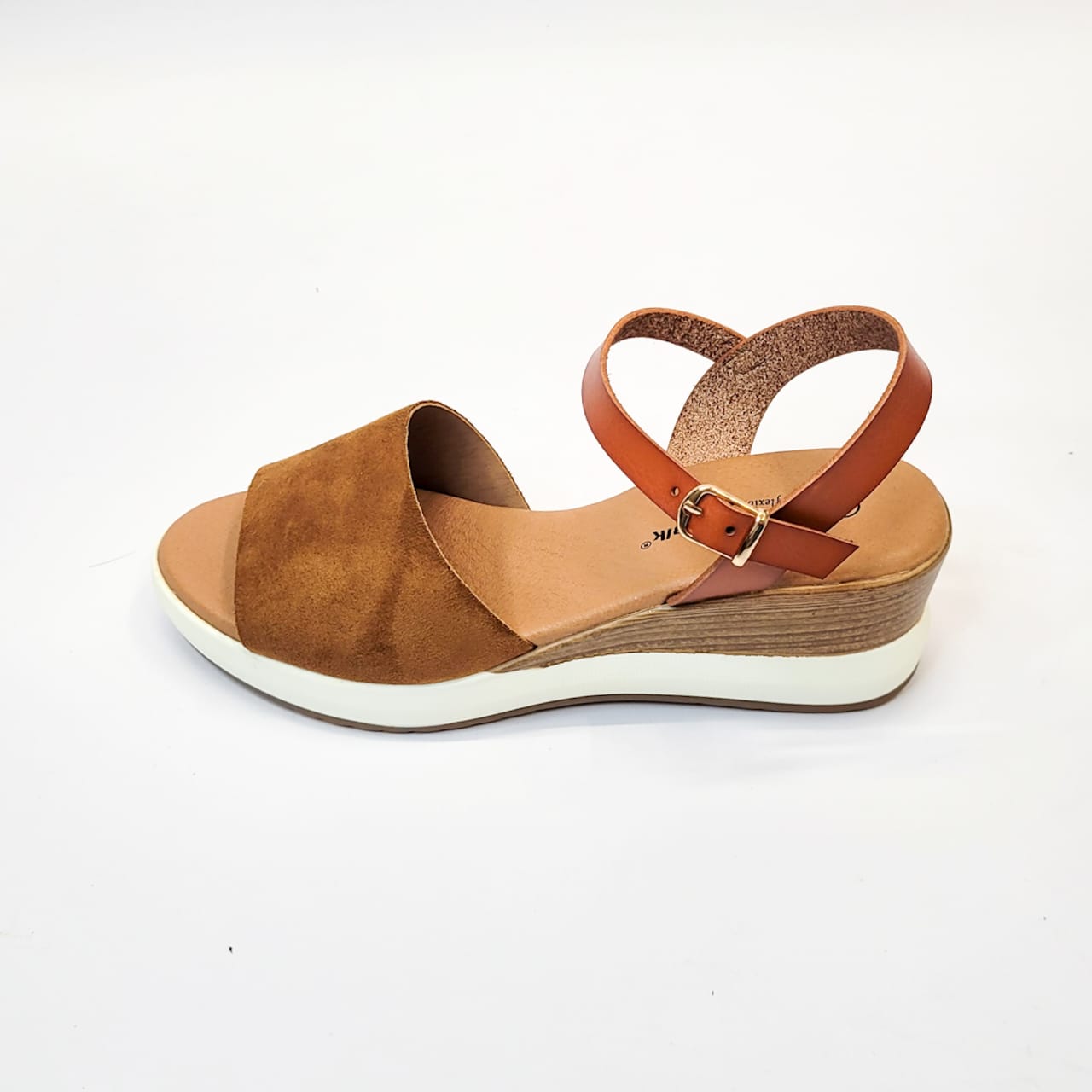 Cushion-walk brown/tan ankle strap wedge