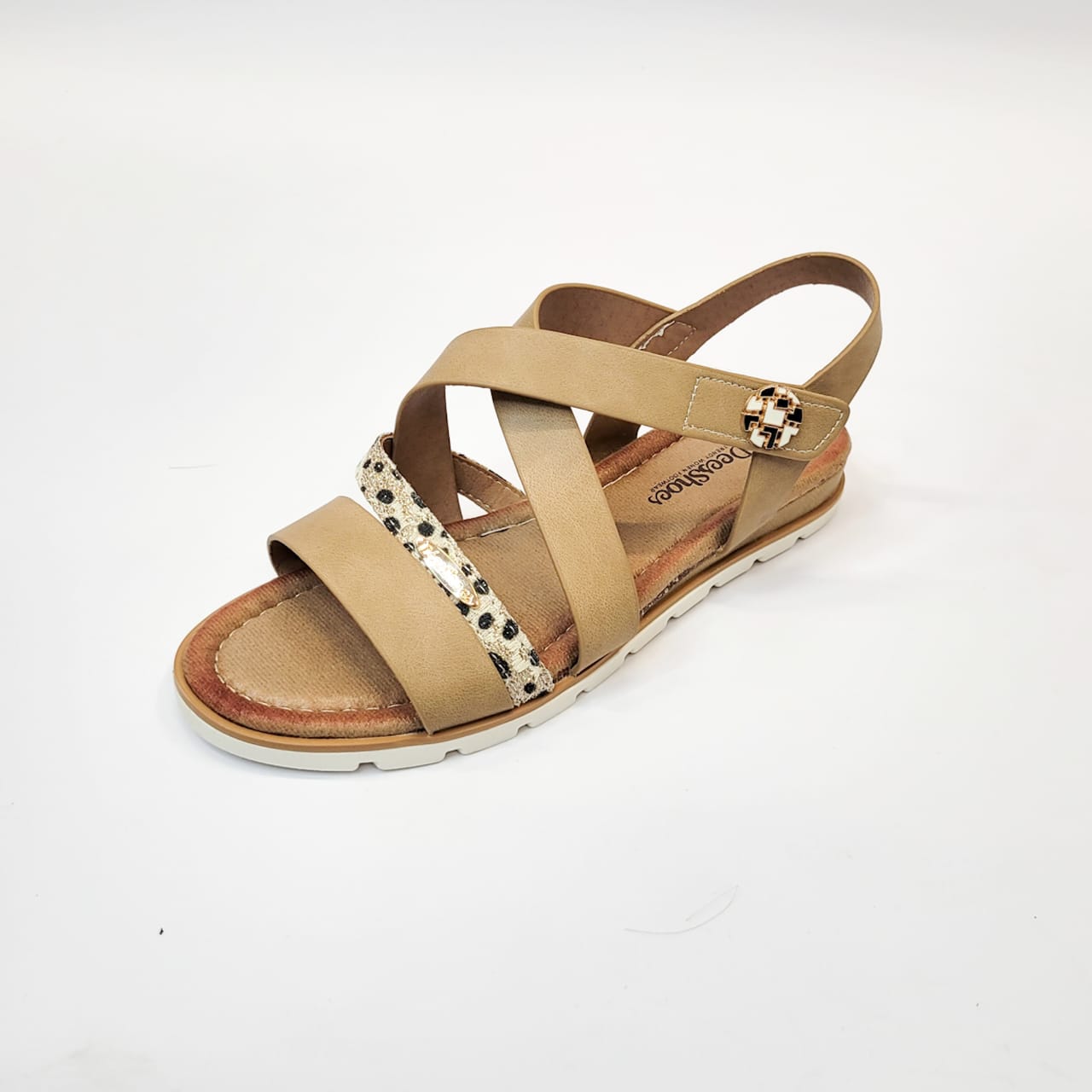 Dees shoes tan/animal print strap sandal