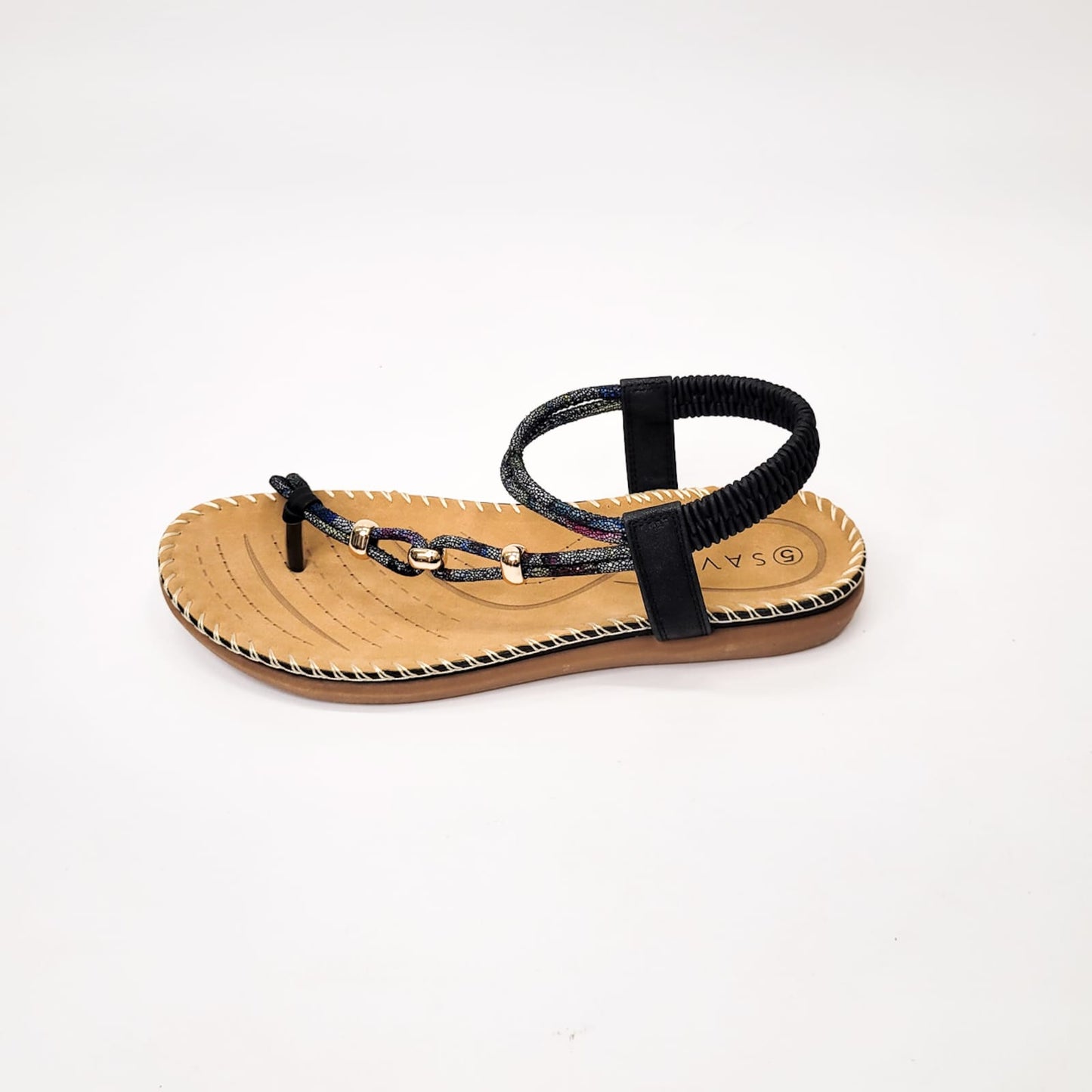 Savoy black side strap elasticated slingback sandal