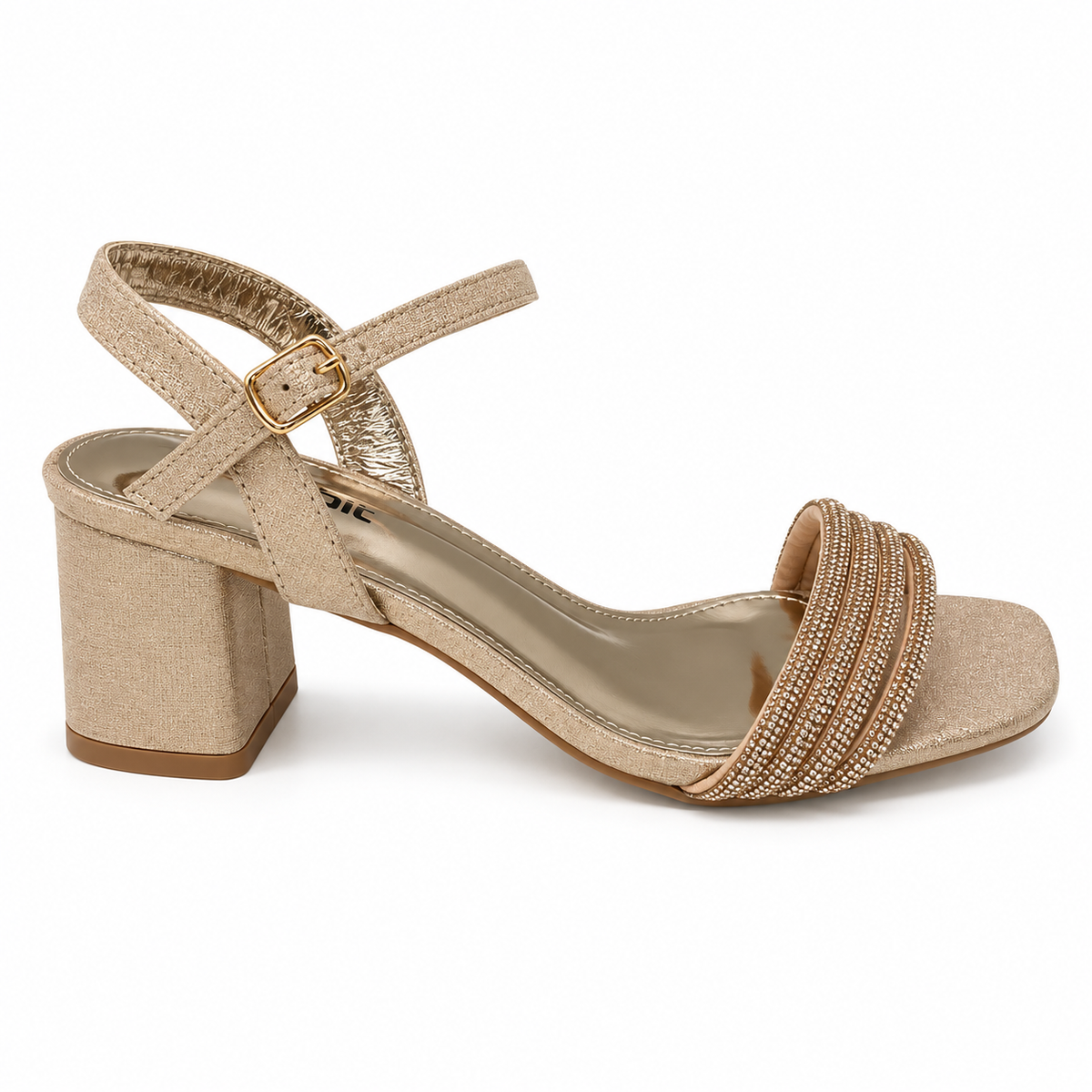 Orbit Rhinestone Strap Block Heel Sandal - Champagne, side view