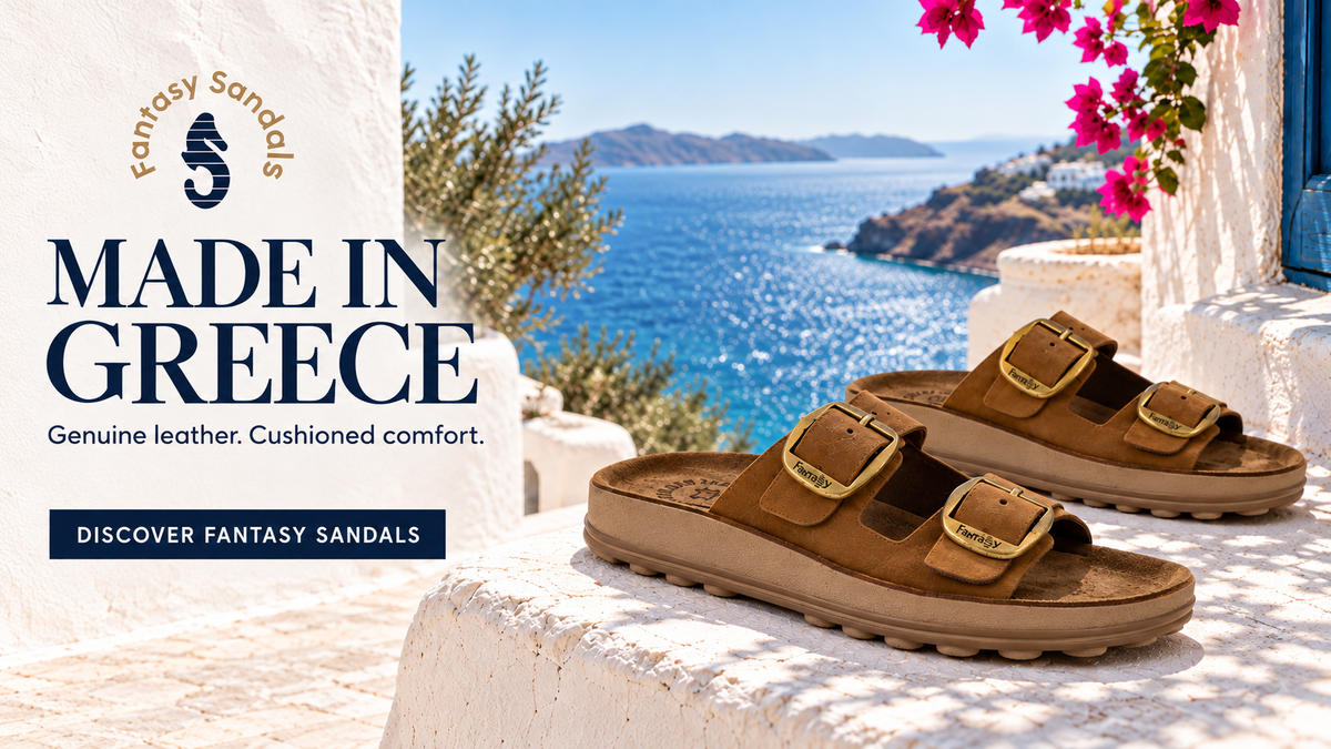 Fantasy Sandals. Made in Greece. Genuine leather. Cushioned comfort. Discover Fantasy Sandals. Despoina sandals on sunlit Greek coastal steps.