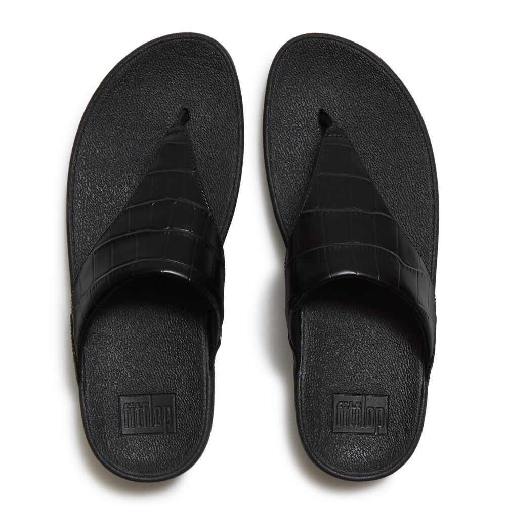 Fitflop Lulu Crocodile Toe-Post Sandals - Black - overhead view