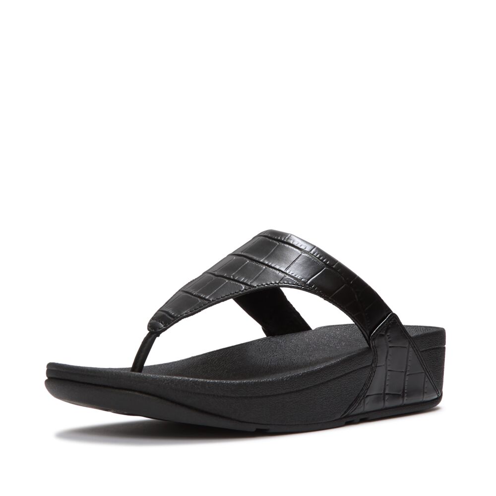 Fitflop Lulu Crocodile Toe-Post Sandals - Black - angled view