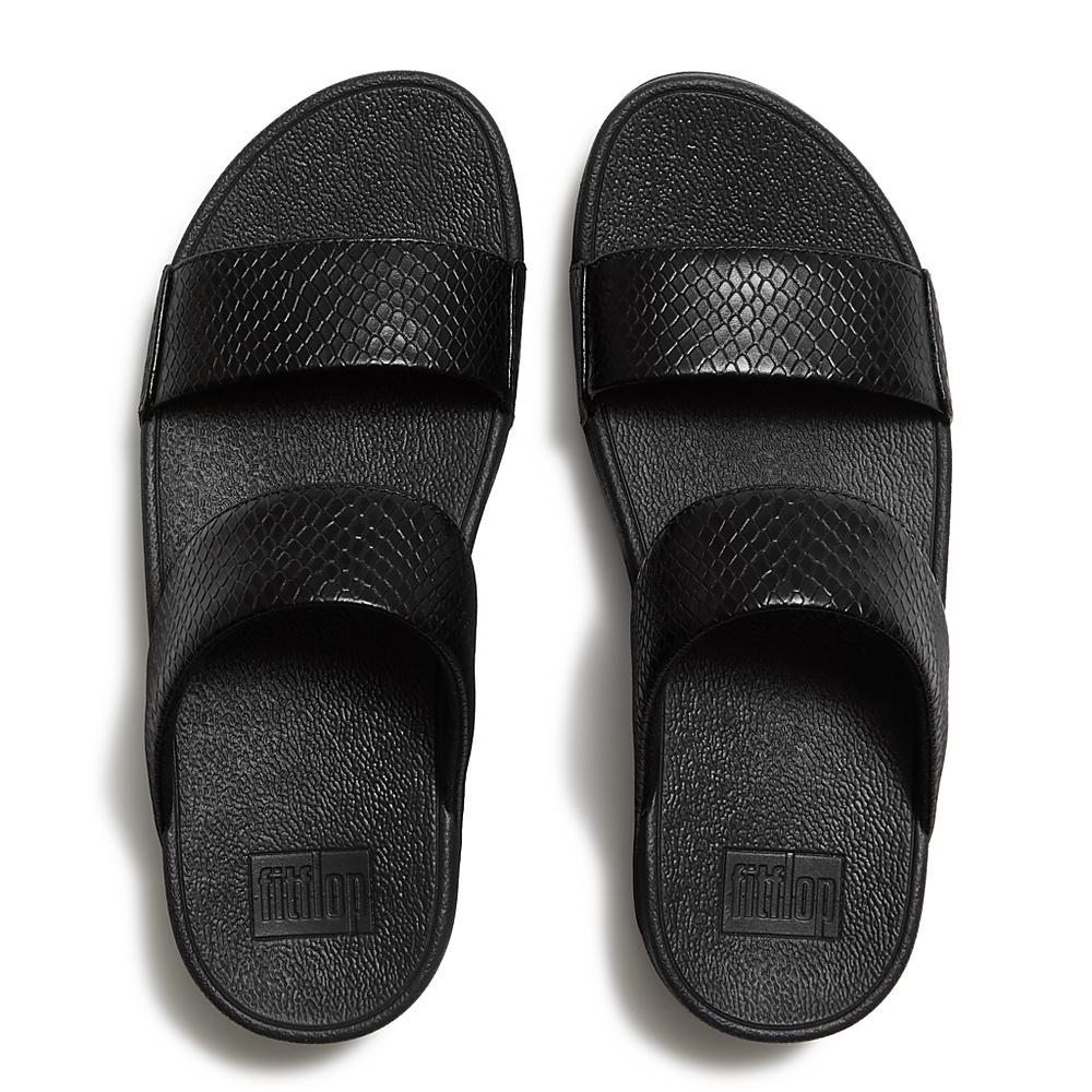 Fitflop Lulu Snake Leather Slides - Black - overhead view