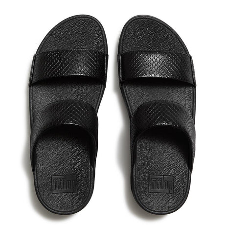 Fitflop Lulu Snake Leather Slides - Black - overhead view