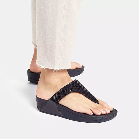Fitflop Lulu Crystal Embellished Toe-Post Sandals - Black - on-foot view