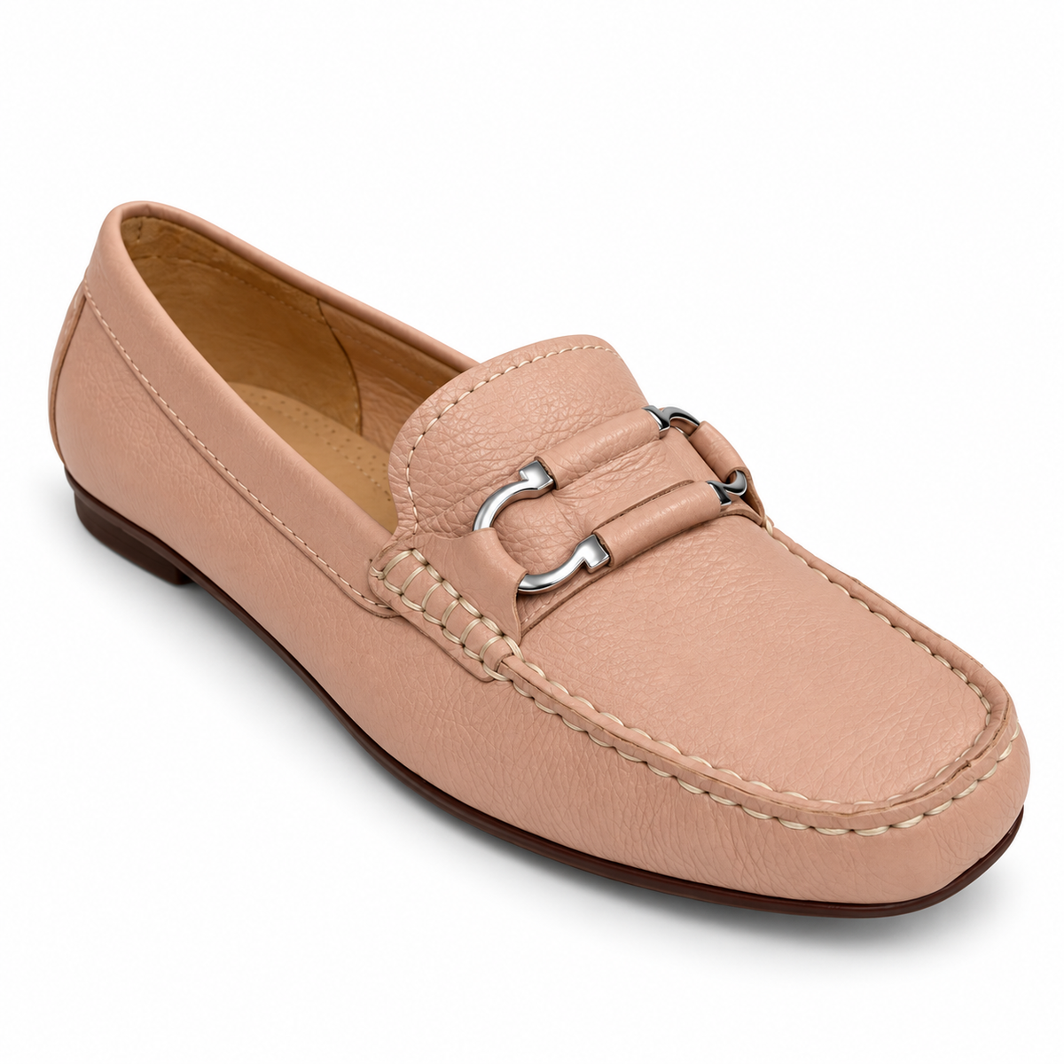 GIA Leather Metal Accent Moccasin in Beige, three-quarter view
