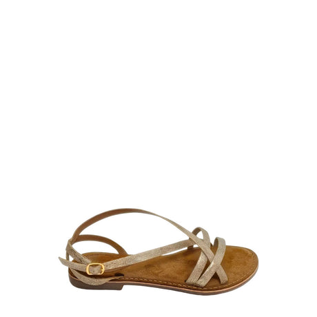 Gia Beige Gold Leather Criss Cross Sandal right-facing side view