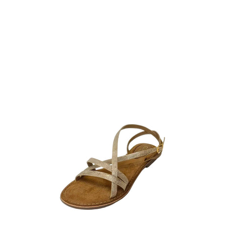 Gia Beige Gold Leather Criss Cross Sandal three-quarter view