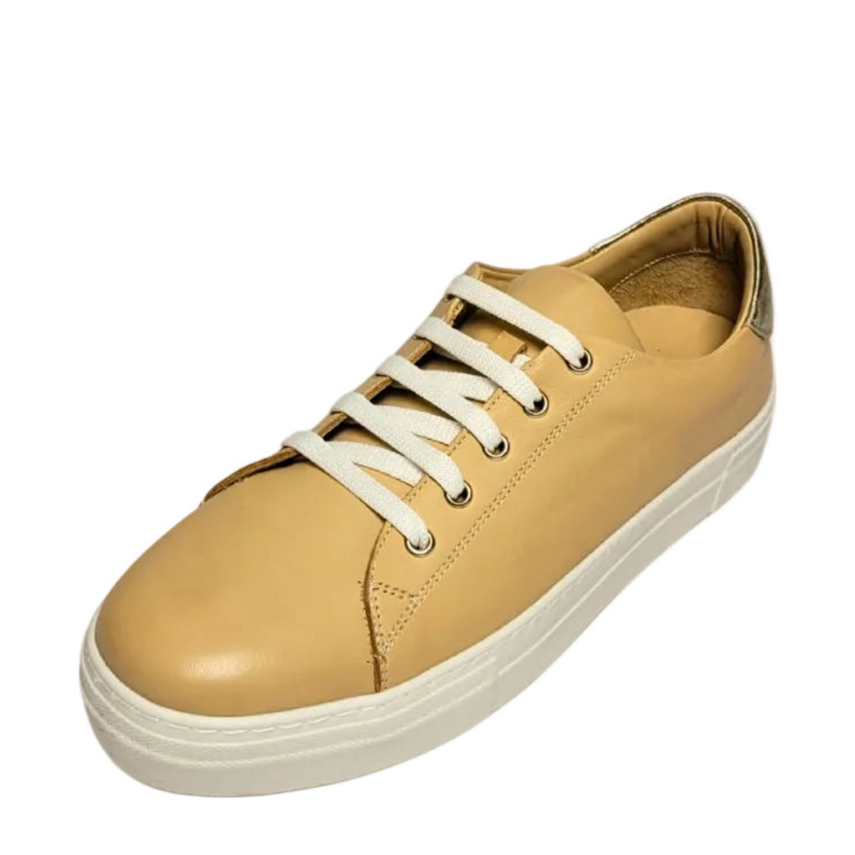 Gia beige leather platform sneaker, three-quarter view
