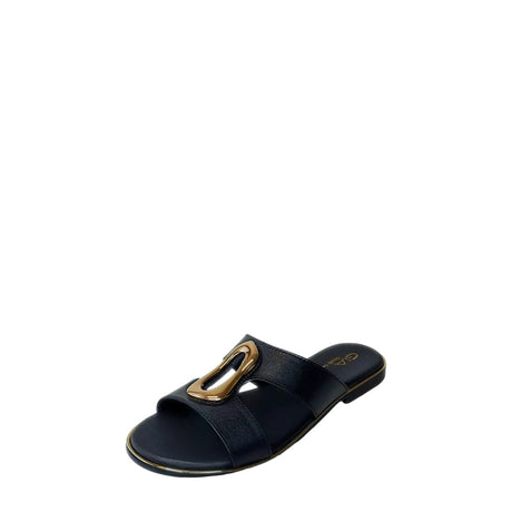 Gia Black Leather Slide With Gold Accent three-quarter view