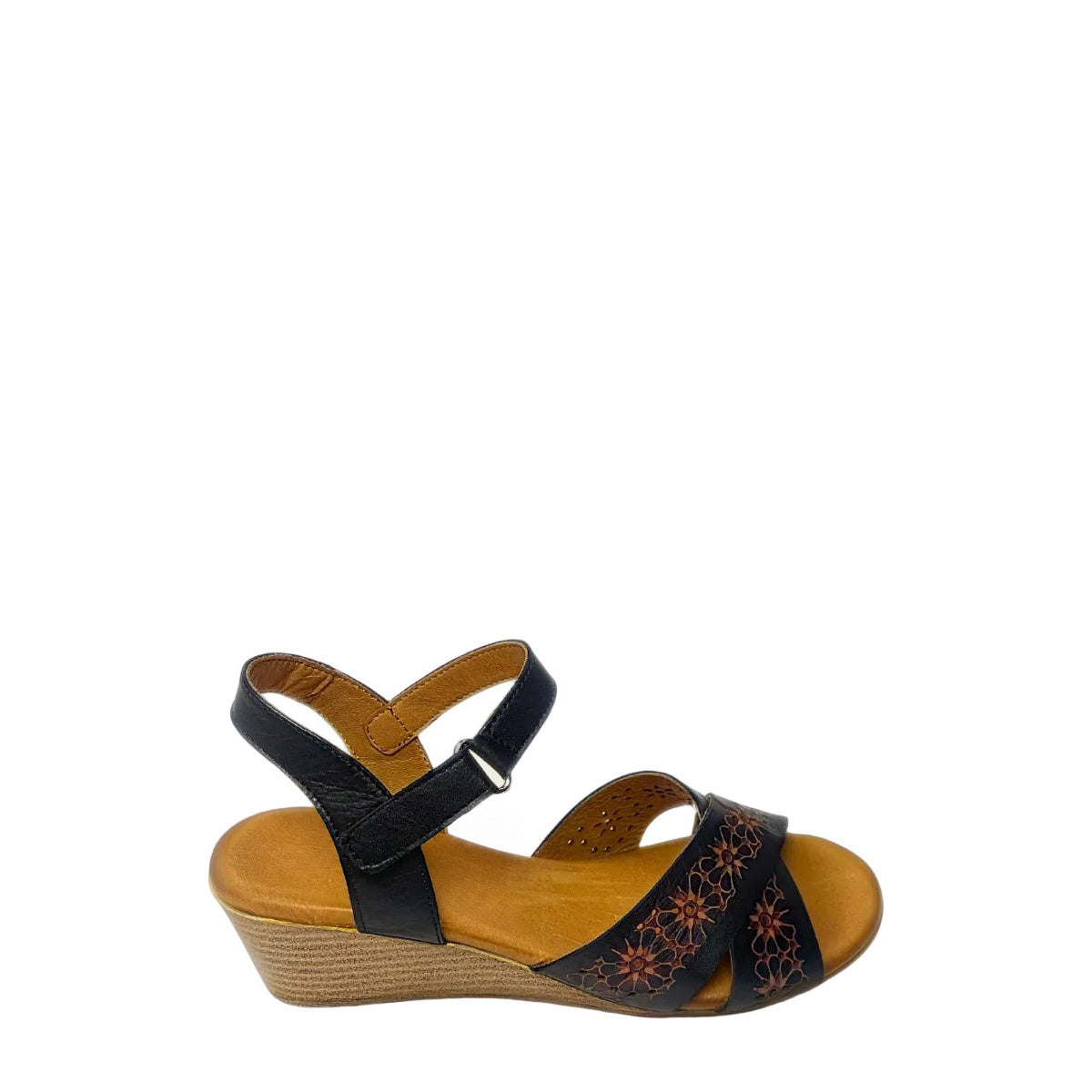 Gia Black Laser Cut Leather Wedge right-facing side view