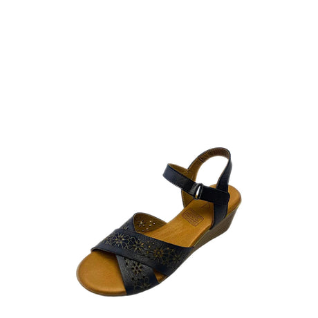 Gia Black Laser Cut Leather Wedge three-quarter view