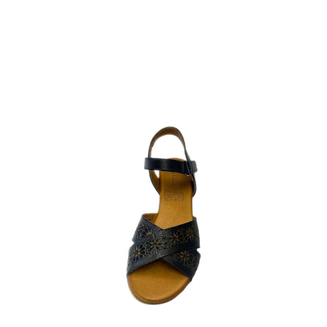 Gia Black Laser Cut Leather Wedge front view