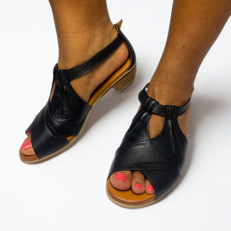 Gia black peep toe sandals, on-model view