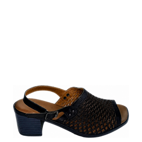 GIA Leather Perforated Block Heel With Backstrap - Black, right-facing side view