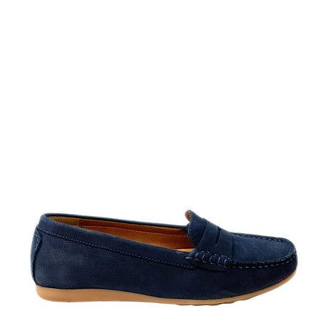 Gia navy classic leather moccasin, right-facing side view
