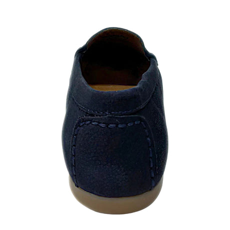 Gia navy classic leather moccasin, heel view