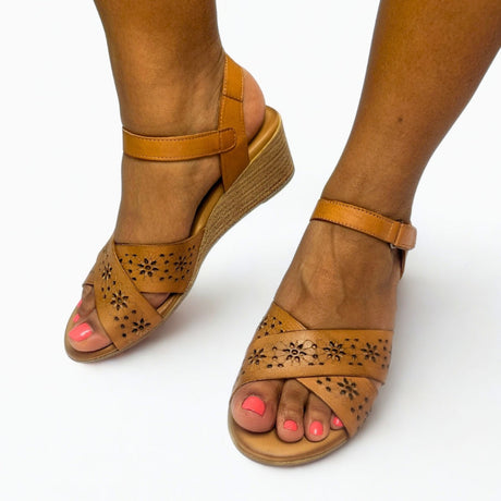 Gia Coconut Laser Cut Leather Wedge on foot